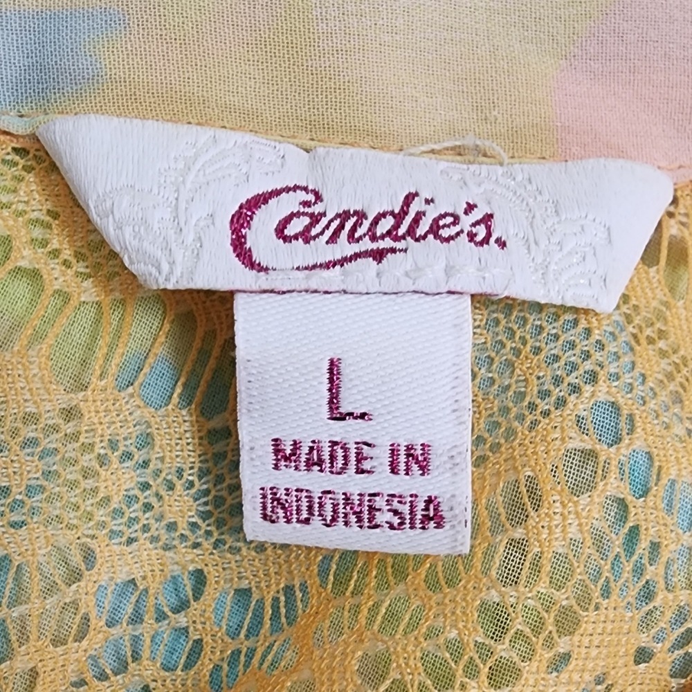 CANDIES Size Large Floral Chiffon French Lace Yoke Sheer Pastel Watercolor Top - Picture 8 of 9